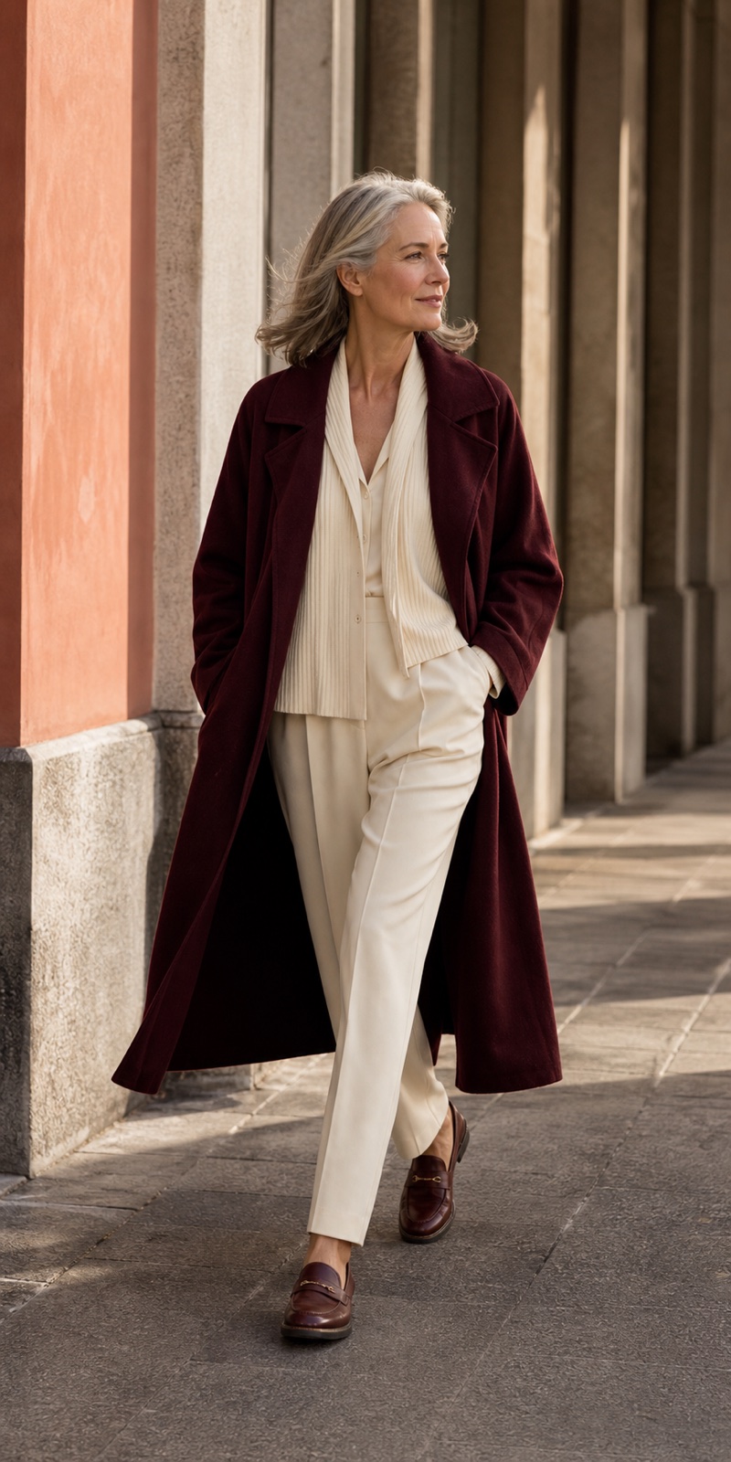 A woman in a burgundy coat