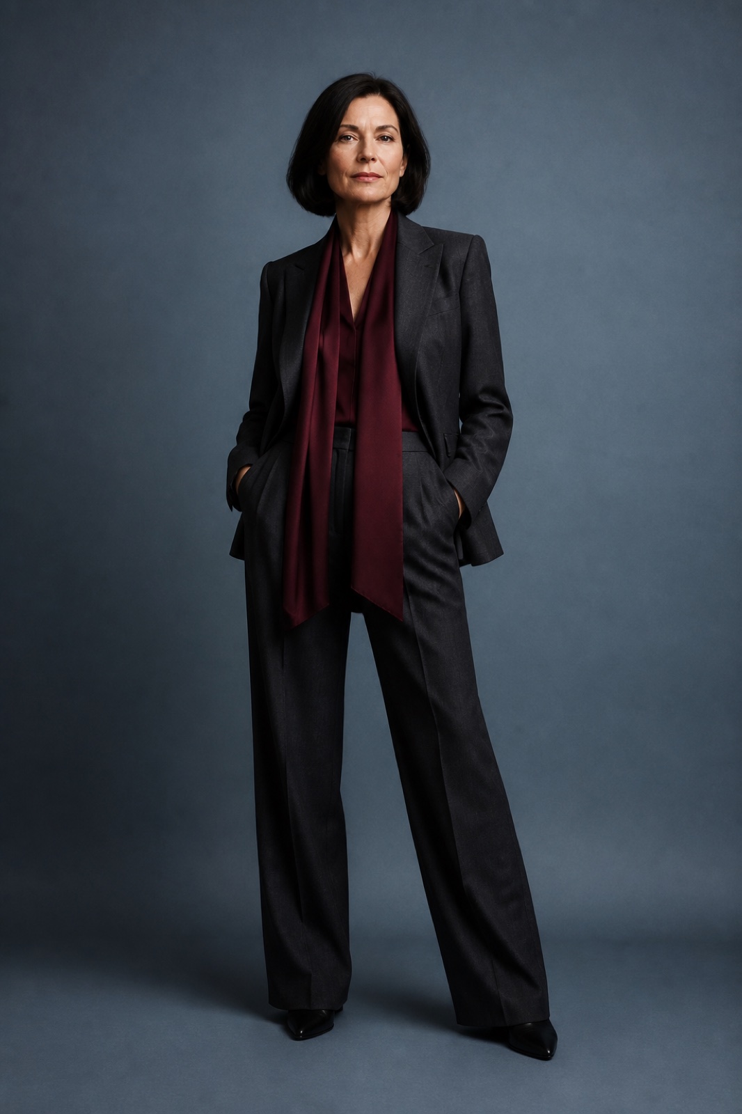 A woman in a charcoal suit