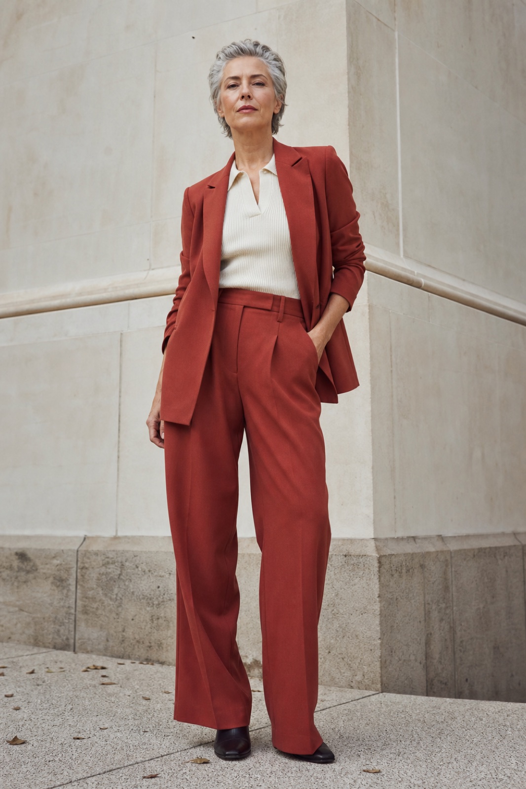 A woman in a rust-red suit
