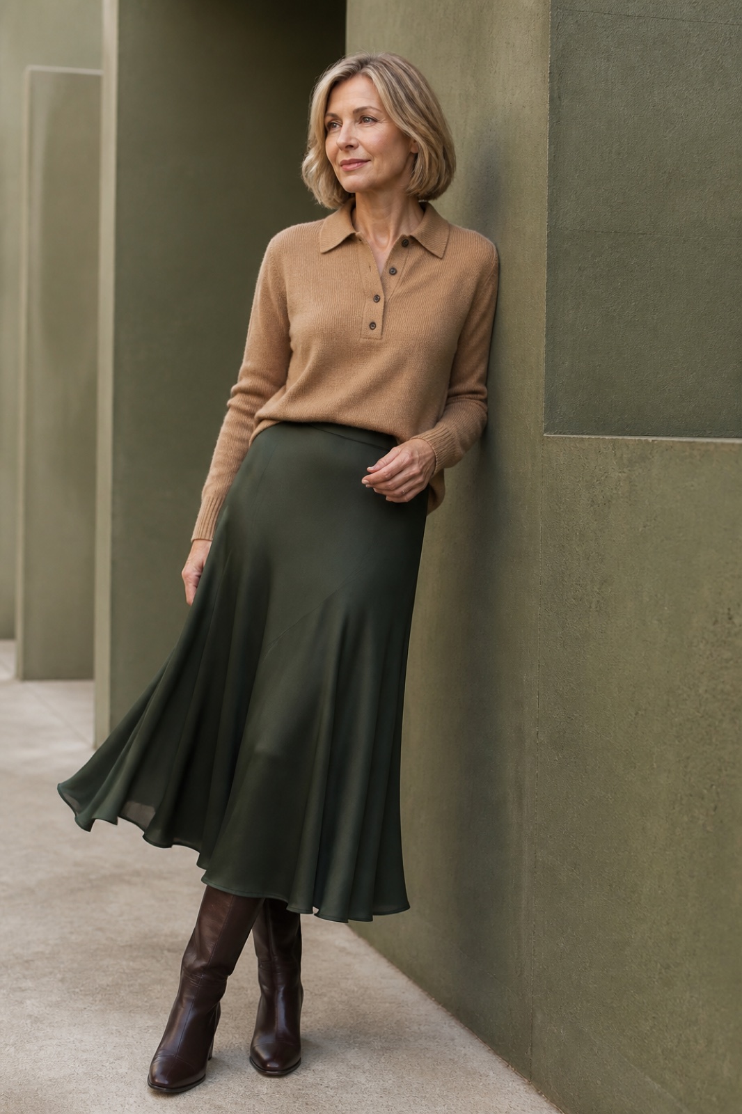 A woman in camel and forest green