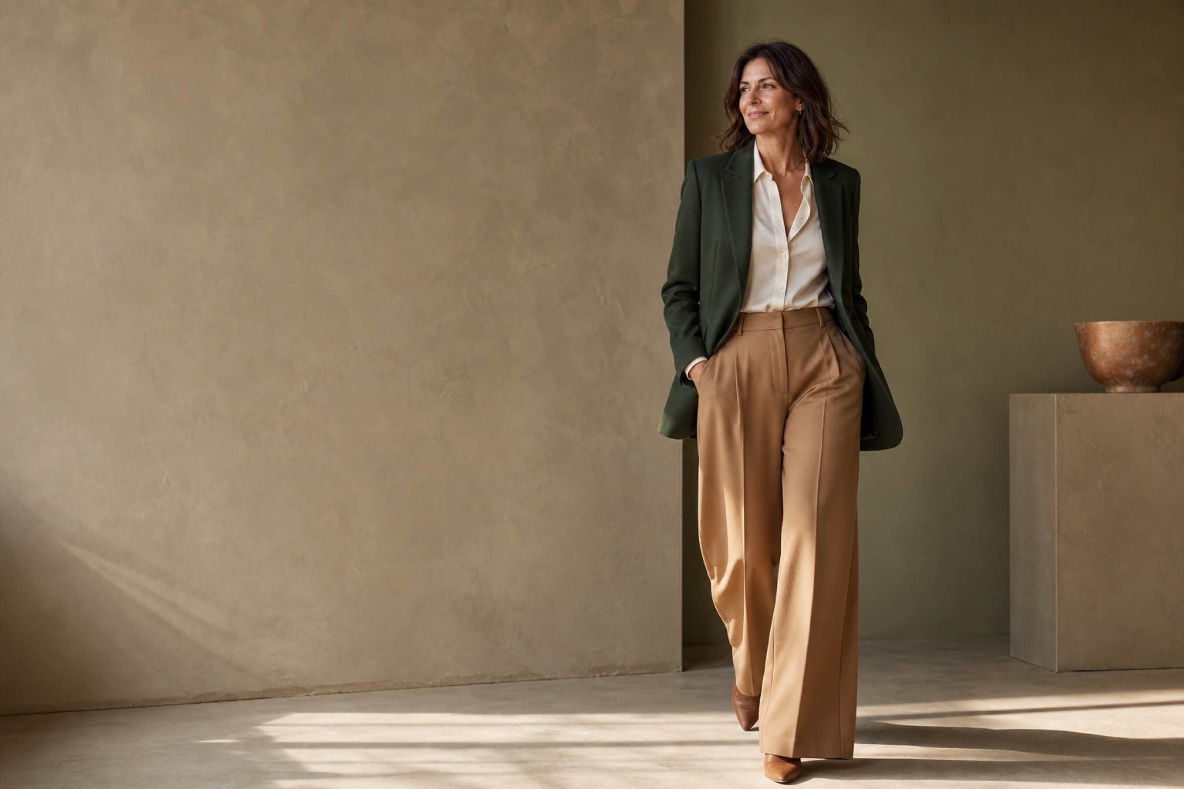 A confident woman in a forest blazer and camel trousers
